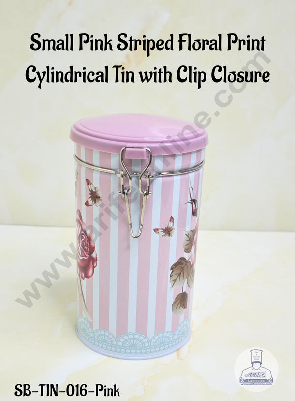 CAKE DECOR™ Small Pink Striped Floral Print Cylindrical Tin with Clip Closure - SB-TIN-016-Pink