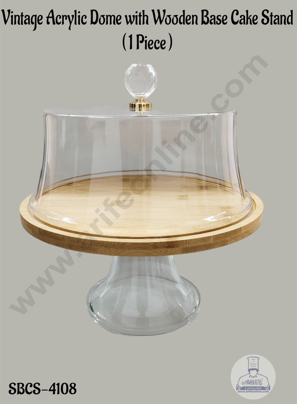 CAKE DECOR™ Vintage Acrylic Dome with Wooden Base Cake Stand - 1 Piece