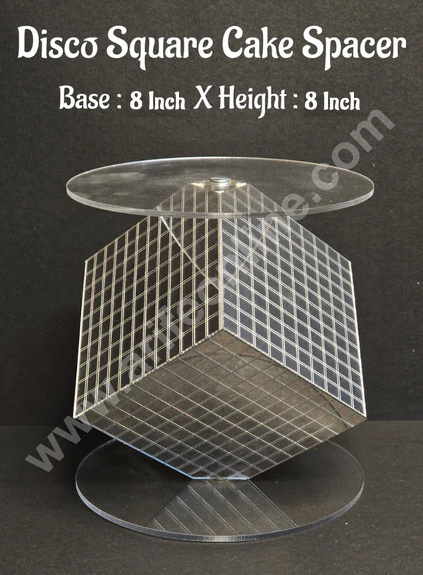 CAKE DECOR™ Silver Disco Square Cake Spacer For Cake and Cupcake Decoration - Base 8 inch X Height 8 inch