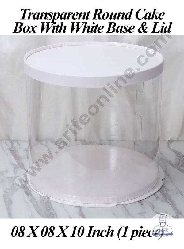 CAKE DECOR™ 1 Piece Transparent Round Cake Box With White Base & Lid | Gift Box | Hamper Box | Pinata Box - (8 X 8 X 10 Inch)