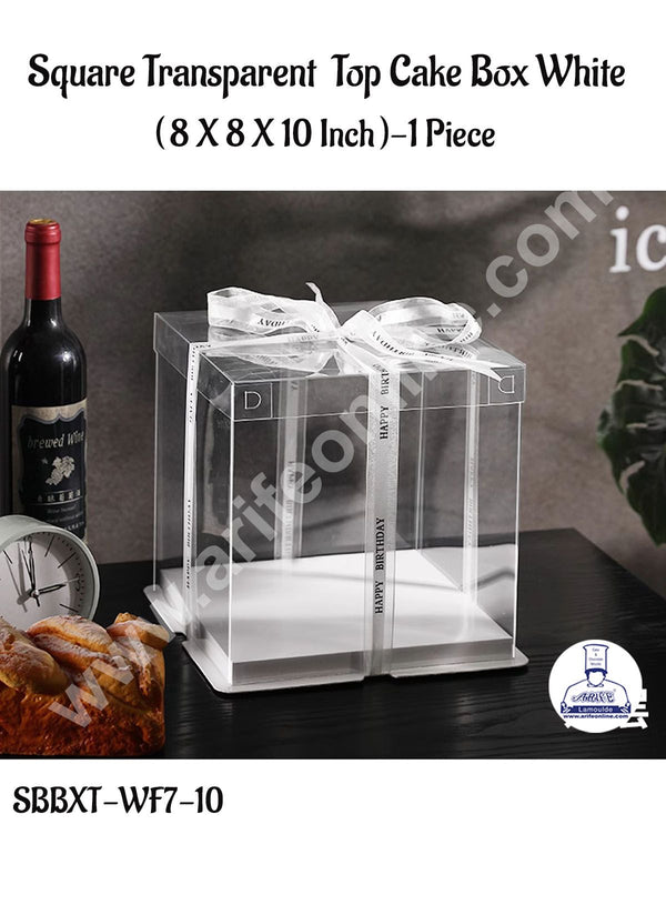 CAKE DECOR™ 1 Piece Transparent Lid  Square Cake Box With White Base  | Gift Box | Hamper Box | Pinata Box - (8 X 8 X 10 Inch)