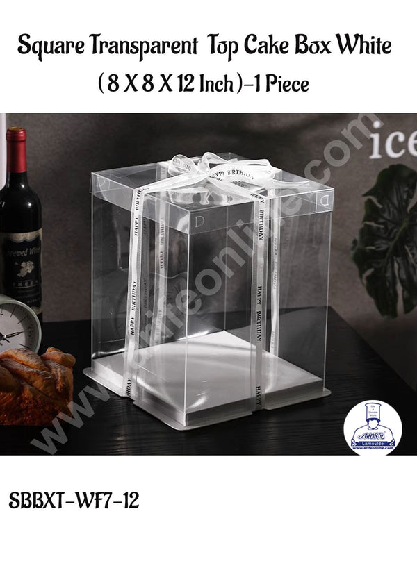 CAKE DECOR™ 1 Piece Transparent Lid  Square Cake Box With White Base  | Gift Box | Hamper Box | Pinata Box - (8 X 8 X 12 Inch)