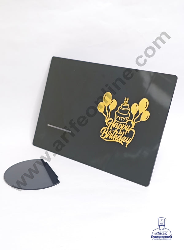 Happy Birthday Acrylic Cake Frame with Cake & Balloon Design | Black Detachable Cake Display Stand | Elegant Cake Presentation Board - CAKE DECOR™