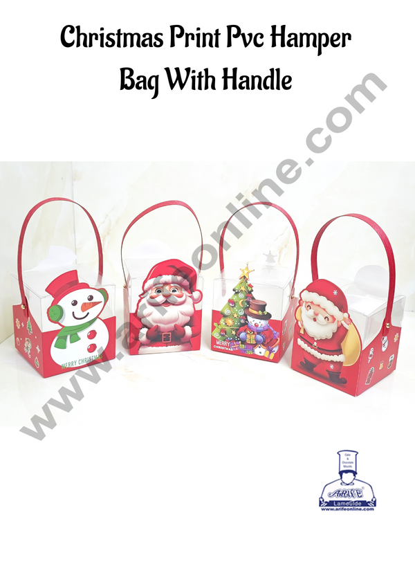 CAKE DECOR™ Christmas Print PVC Hamper Bag with Handle | Gift Box | Candy Box | Cookies Box | Sweet Treats Box - Red (12 Pcs Pack)