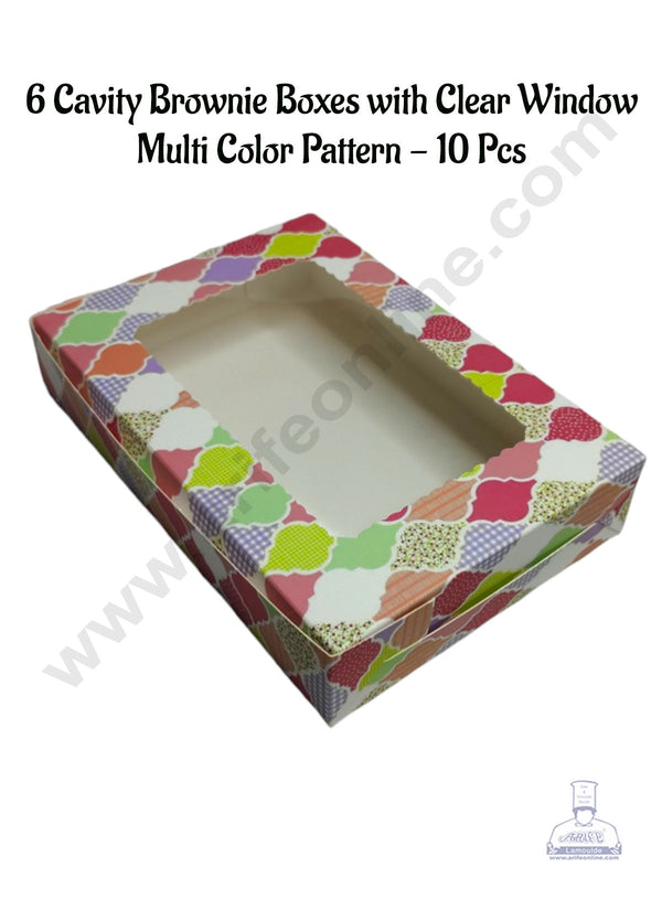 CAKE DECOR™ 6 Cavity Brownie Boxes with Clear Window Multi Color Pattern | Brownie Carriers - 10 Pcs Pack