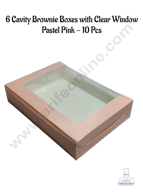 CAKE DECOR™ 6 Cavity Brownie Boxes with Clear Window Pastel Pink | Brownie Carriers - 10 Pcs Pack