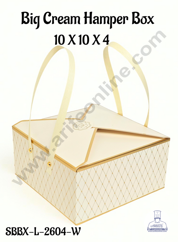 Big Cream Luxury Hamper Box with Handles | 10x10x4 Premium Gifting Box | Decorative Packaging Box | 1 Pc Pack - CAKE DECOR™