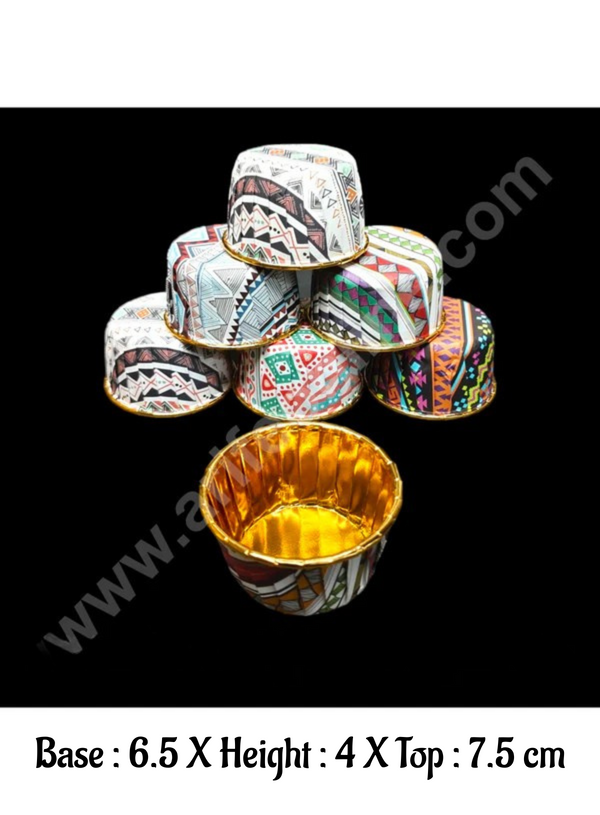 Cake Decor Round Direct Bakeable Cups With Plastic Golden Coating Geometric Design Bake and Serve Disposable Mould 50 Pcs (Assorted Color)