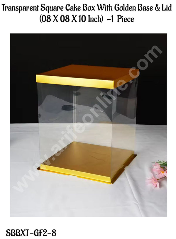 CAKE DECOR™ 1 Piece Transparent Square Cake Box With Golden Base & Lid | Gift Box | Hamper Box | Pinata Box - (08 X 08 X 10 Inch)