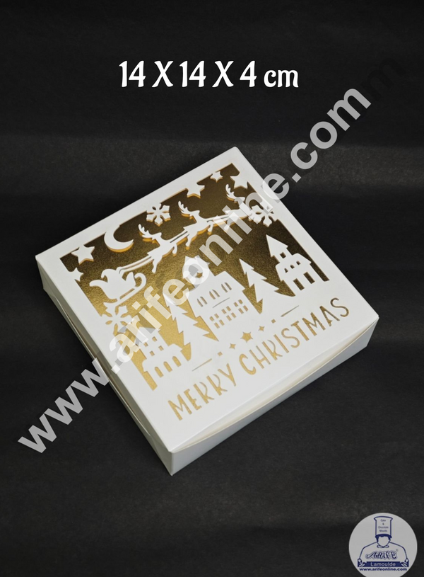 CAKE DECOR™ Christmas Theme Sweet Box With Merry Christmas Cut-Out For Hampers | Chocolate Box | Brownie Box - 1 Pcs Pack - White - 14 X 14 X 4 cm