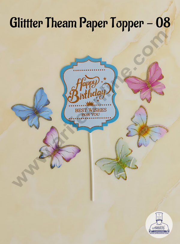 CAKE DECOR™ 6 pcs Blue Vintag Happy Birthday Day Tag with Multi Colour Glitter Butterfly Paper Topper For Cake And Cupcake