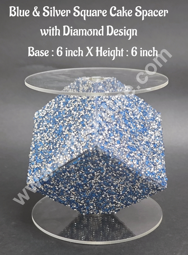 CAKE DECOR™ Blue Square Cake Spacer with Diamond Design For Cake and Cupcake Decoration  - Base 6 inch X Height 6 inch