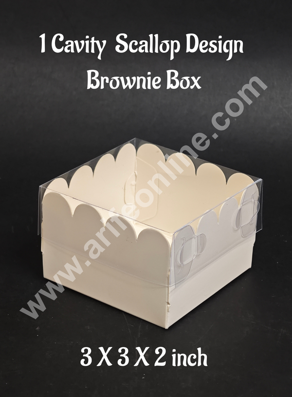 CAKE DECOR™ 1 Cavity White Brownie Box with Scallop Design With Lid | Premium Dessert & Sweet Box – 5 Pack