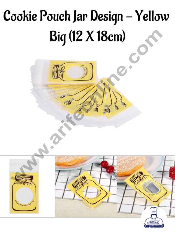 CAKE DECOR™ Cookie Pouch Jar Design - Yellow - Big (12 X 18cm) | Mini Packaging Bags | Cellophane Bags | Self Adhesive | 100 Pcs