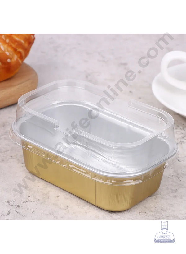 CAKE DECOR™ Small Rectangle Aluminium Tin Foil Bake & Serve Cup with Lid | Aluminium Containers | Non-Stick Foil Baking Cups - Gold - 5 Pcs Pack