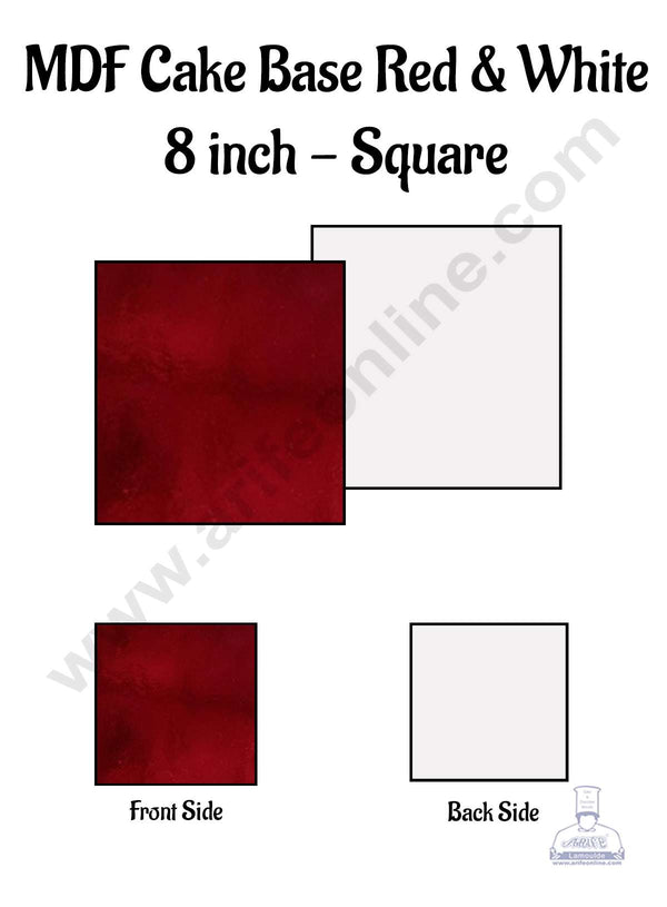 CAKE DECOR™ MDF Cake Base 08 Inch Square - Red and White Color - 10 PCS