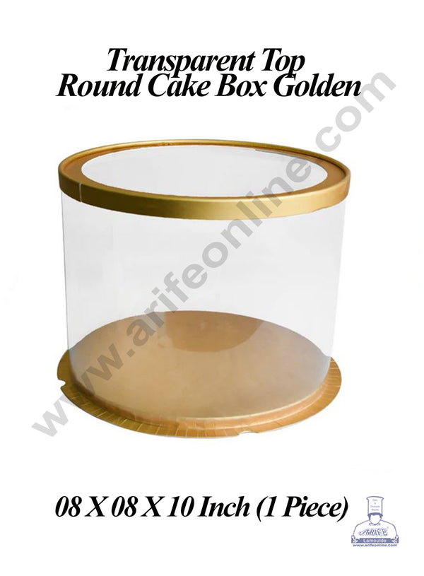 CAKE DECOR™ 1 Piece Transparent Top Round Cake Box Golden | Gift Box | Hamper Box | Pinata Box - (8 X 8 X 10 Inch)