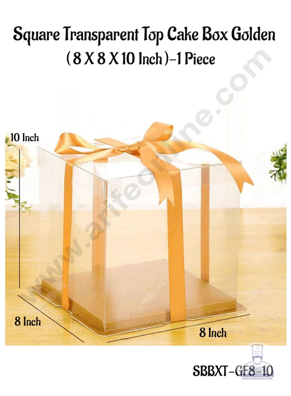 CAKE DECOR™ 1 Piece Transparent Lid  Square Cake Box With Golden Base  | Gift Box | Hamper Box | Pinata Box - (8 X 8 X10 Inch)