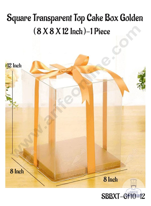 CAKE DECOR™ 1 Piece Transparent Lid  Square Cake Box With Golden Base  | Gift Box | Hamper Box | Pinata Box - (8 X 8 X12 Inch)