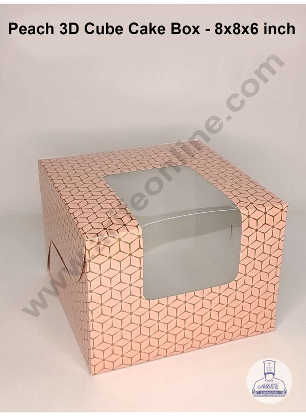 CAKE DECOR™ 3D Cube Print Cake Boxes Peach Color Paper Boxes - 8x8x6 Inch Pack of 5 Pieces