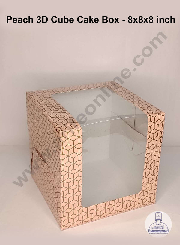 CAKE DECOR™ 3D Cube Print Cake Boxes Peach Color Paper Boxes - 8x8x8 Inch Pack of 5 Pieces