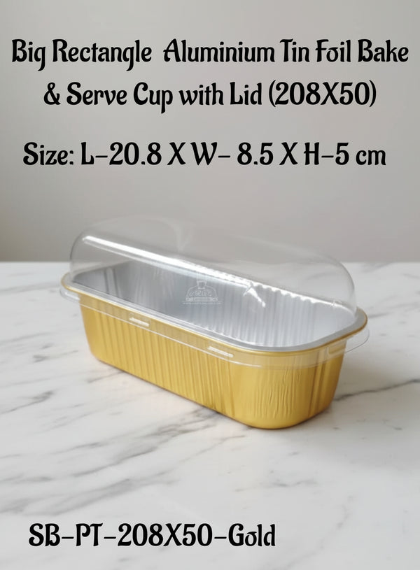 CAKE DECOR™ Big Rectangle  Aluminium Tin Foil Bake & Serve Cup with Lid | Aluminium Containers | Non-Stick Foil Baking container - Gold - 5 Pcs Pack