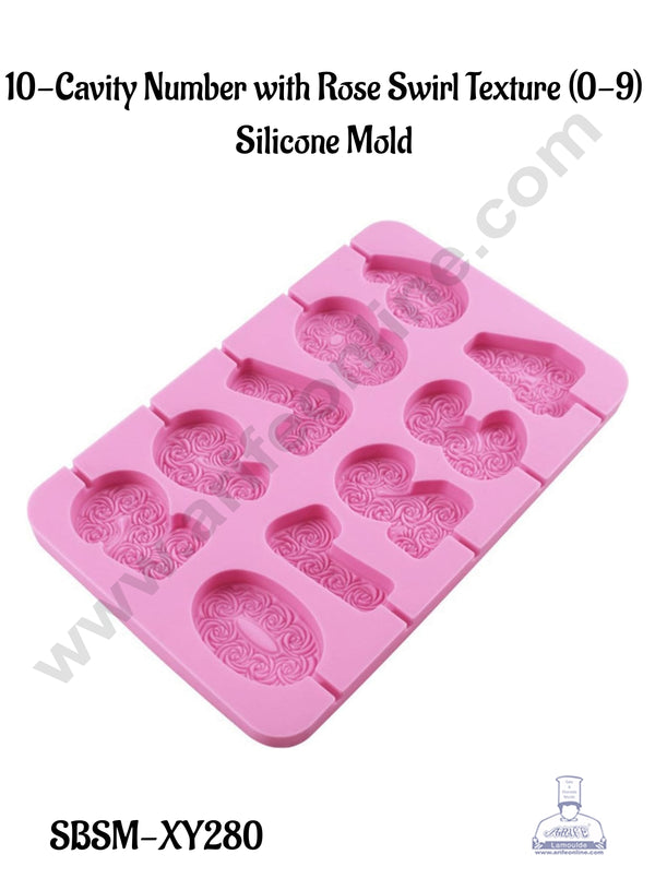 CAKE DECOR™ 10-Cavity Number with Rose Swirl Texture (0-9)  Silicone Mold│SBSM-XY280│