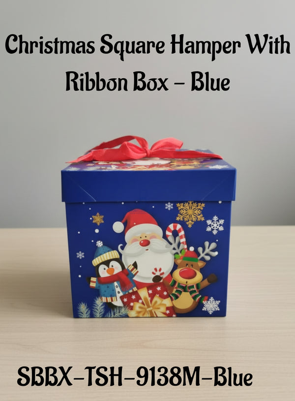 Christmas Square Hamper With Ribbon Box - Blue | 15 x 15 x 15 cm | 1 Piece - CAKE DECOR™