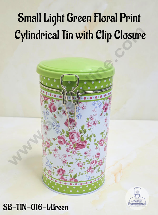 CAKE DECOR™ Small Light Green Floral Print  Cylindrical Tin with Clip Closure - SB-TIN-016-LGreen