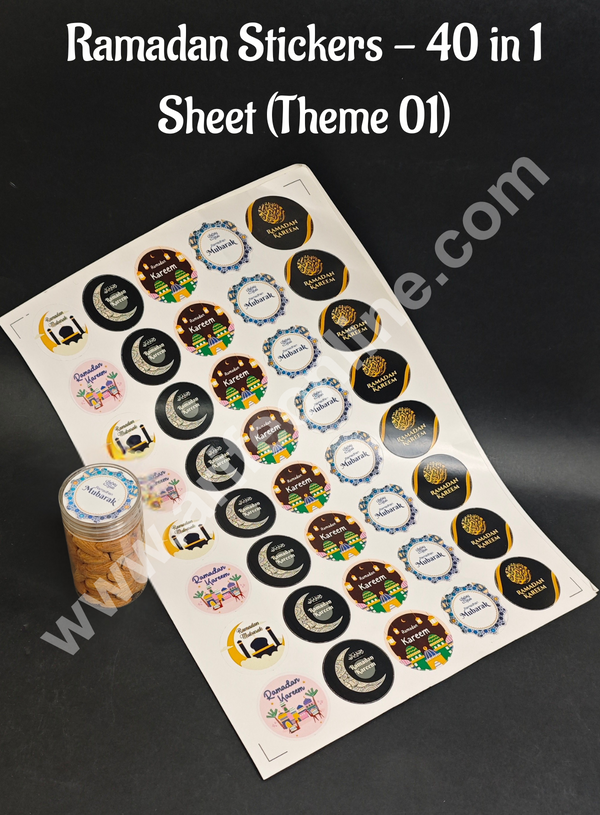 Ramadan Theme Eid Mubarak Regular Stickers - 40 in 1 Sheet (Theme 01) CAKE DECOR™