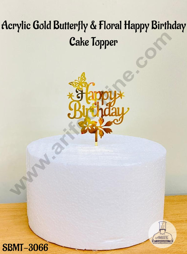 CAKE DECOR™ 5 inch Acrylic Gold Mirror Finishing Butterfly & Floral Happy Birthday Cake Topper(SBMT-3066)