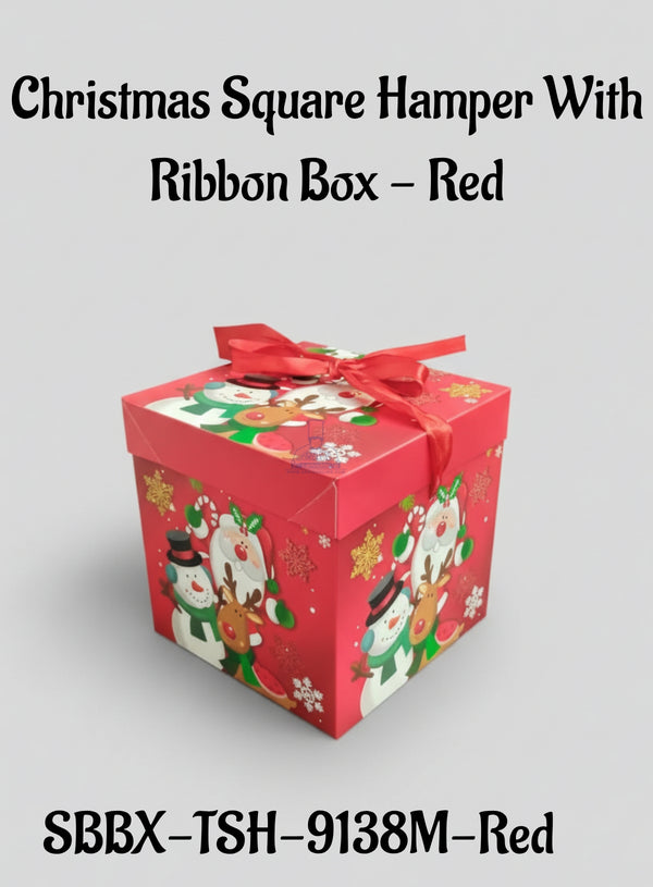 Christmas Square Hamper With Ribbon Box - Red | 15 x 15 x 15 cm | 1 Piece - CAKE DECOR™