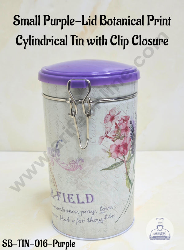 CAKE DECOR™ Small Purple-Lid Botanical Print  Cylindrical Tin with Clip Closure - SB-TIN-016-Purple