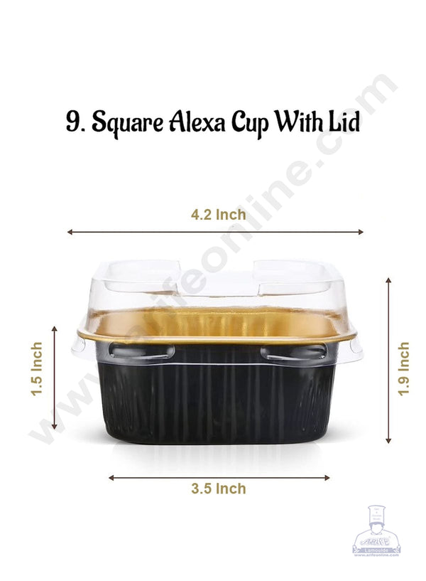 CAKE DECOR™ Square Alexa Aluminium Cup Tin Foil With Lid Bake & Serve Cup | Aluminium Containers | Non-Stick Foil Baking Cups - 5 Pcs Pack