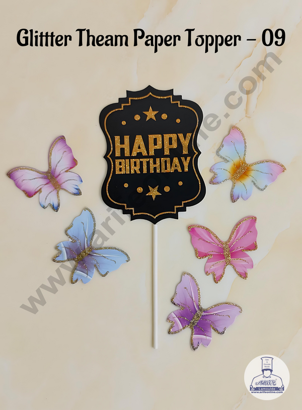 CAKE DECOR™ 6 pcs Black Vintag Happy Birthday Day Tag with Multi Colour Glitter Butterfly Paper Topper For Cake And Cupcake