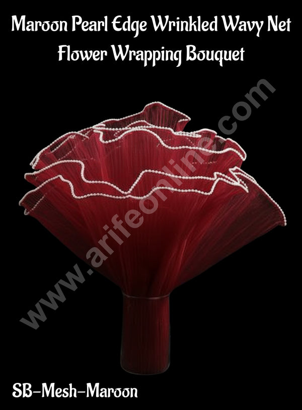 CAKE DECOR™ Maroon Pearl Edge Wrinkled Wavy Net Flower Wrapping Bouquet  | Flower Wrapping Mesh | (SB-Mesh-Maroon)| 1 Pc|