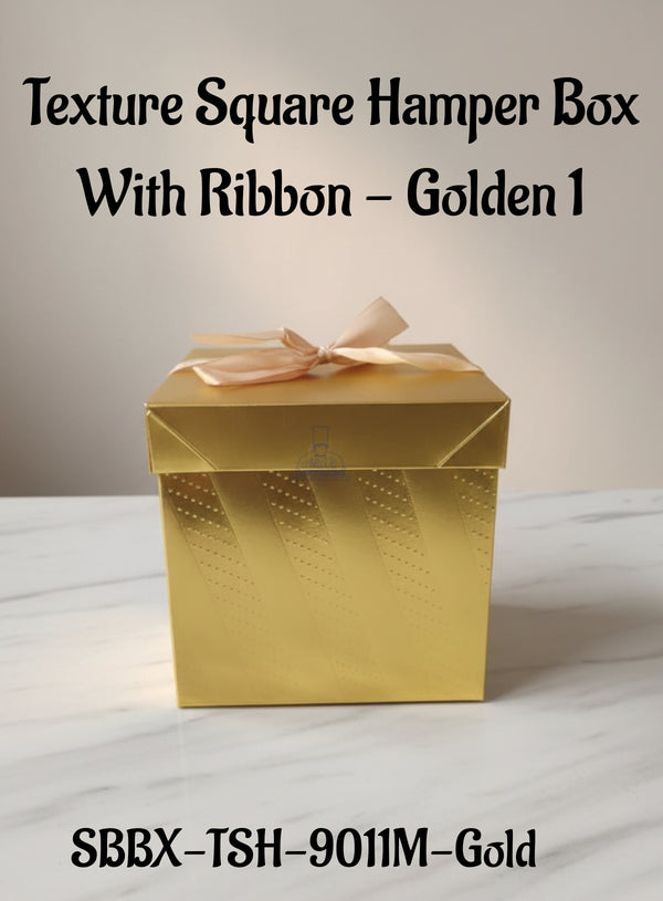 Texture Square Hamper Box With Ribbon - Golden 1 | 15 x 15 x 15 cm | 1 Piece - CAKE DECOR™
