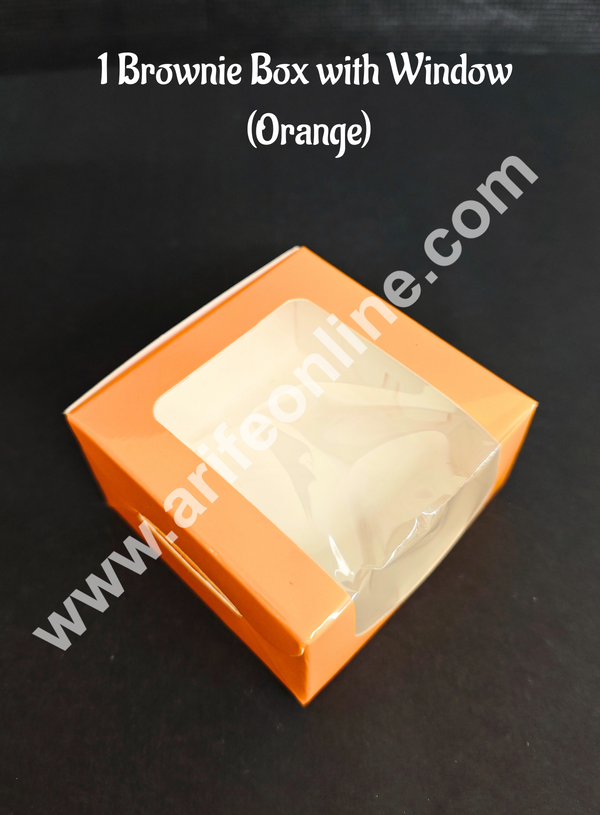 CAKE DECOR™ 1 Cavity Brownie Boxes with Clear Window Orange color | Brownie Carriers - 10 Pcs Pack