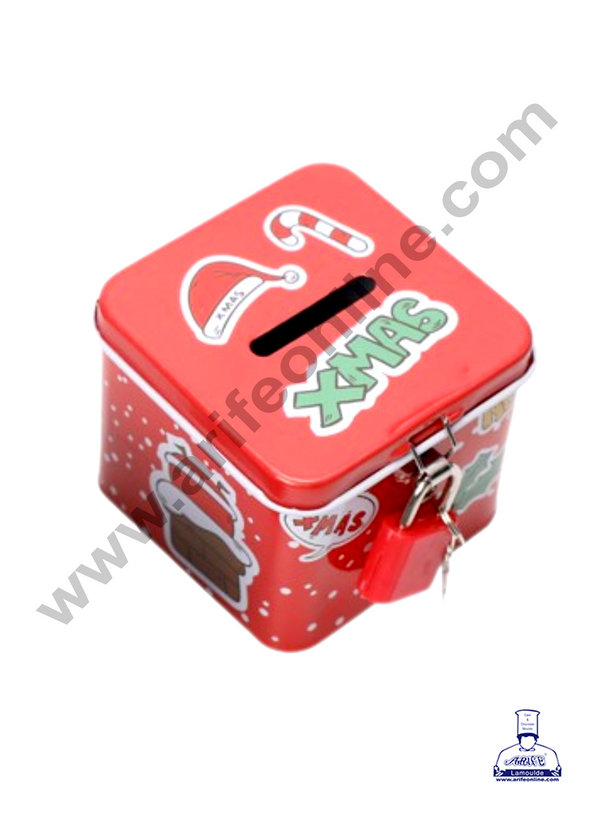 CAKE DECOR™ Cute Piggy Bank Square Piggy Bank with Metal Lock Key | Christmas Design Coin Storage Box