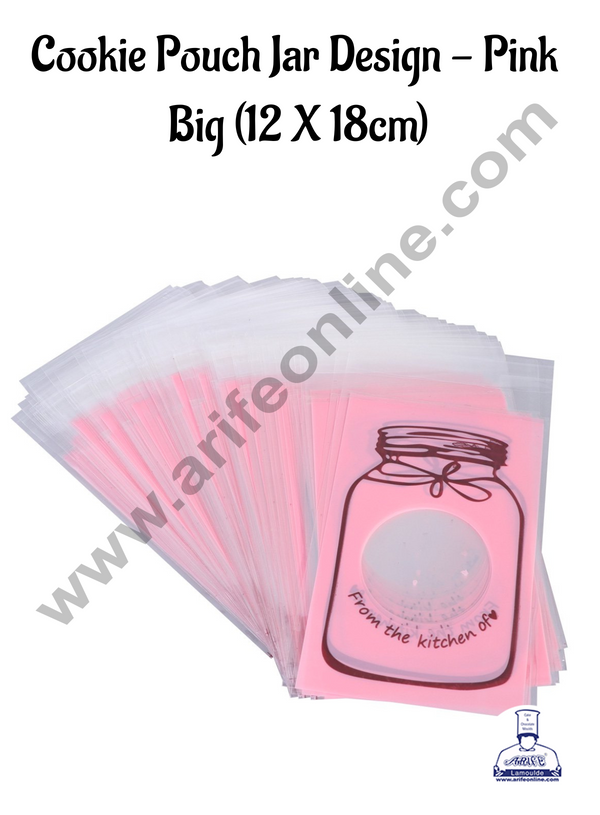 CAKE DECOR™ Cookie Pouch Jar Design - Pink - Big (12 X 18cm) | Mini Packaging Bags | Cellophane Bags | Self Adhesive | 100 Pcs