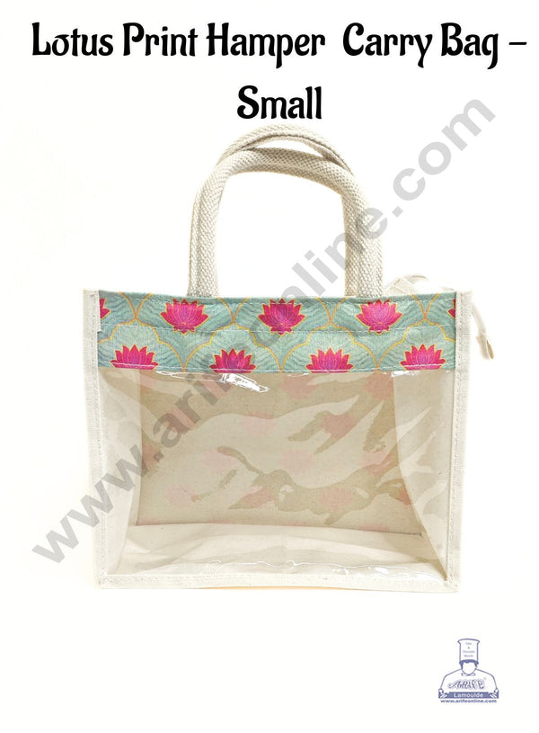 Lotus Printed With Transparent Front Jute Hamper Carry Bag - Small  - CAKE DECOR™