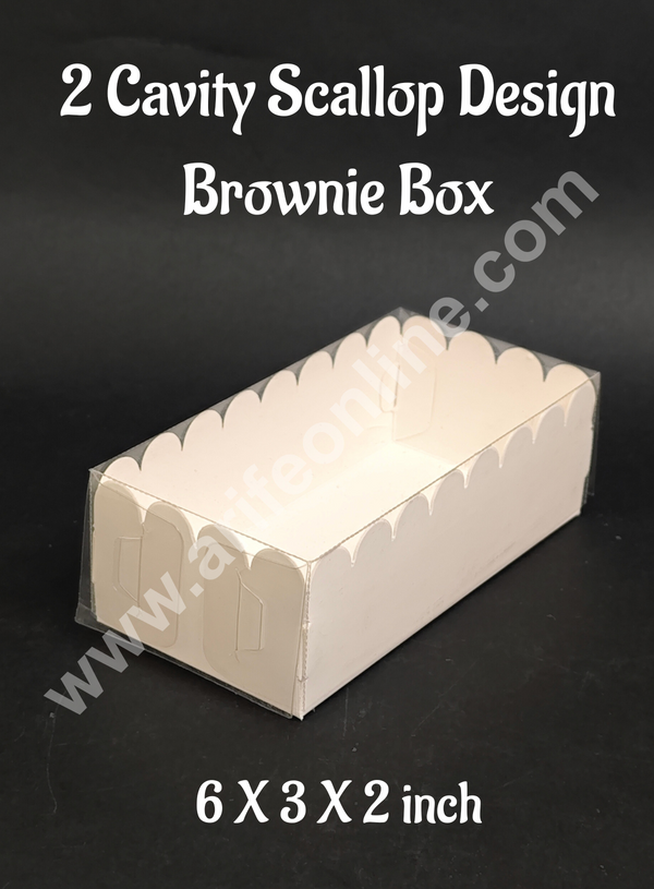 CAKE DECOR™ 2 Cavity White Brownie Box with Scallop Design With Lid | Premium Dessert & Sweet Box – (Pack of 5)