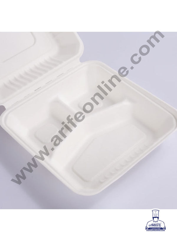 Cake Decor 3-Compartment Square Bento Food Box 100% Eco Friendly Take Away Container with Smart Lock Lid (Pack of 25)