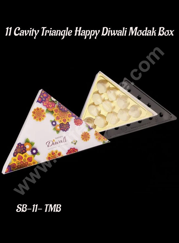 CAKE DECOR™ 11 Cavity Yellow Triangle Happy Diwali Modak Box with Cavity - 1 Piece Pack