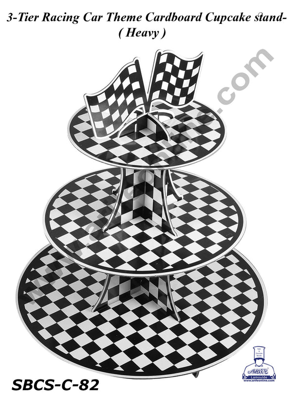 3-Tier Racing Car Theme Cardboard Cupcake Stand | Black and White Checkered Cupcake Stand -Heavy