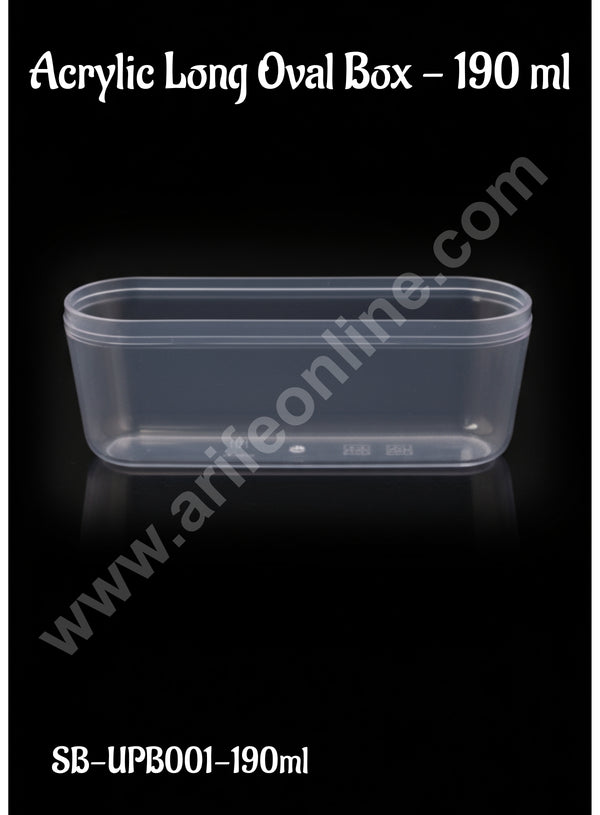 Acrylic Long Oval Box - 190ml | Dessert Tub (1Pc)| Transparent  | (5.5X1.75X2 Inch)| 10-15g | SB-UPB001-190ml |CAKE DECOR™