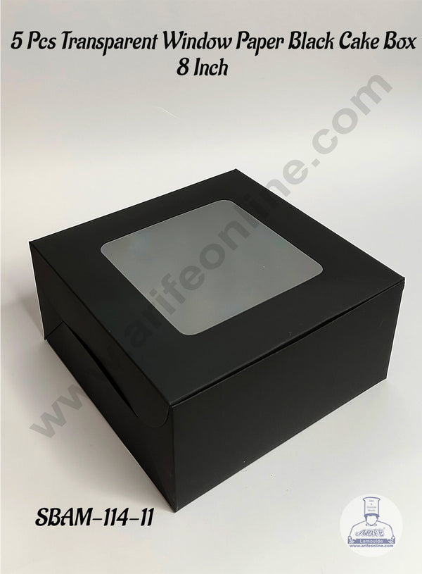 CAKE DECOR™ 5 Pcs Transparent Window High Quality Black Paper Cake Box - 8 Inch