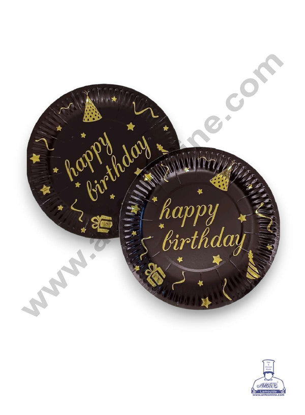 CAKE DECOR™ 7 inch Black Happy Birthday with Party Theme Paper Plates | Disposable Plates | Birthday | Party | Occasions | Round Plates - Pack of 10