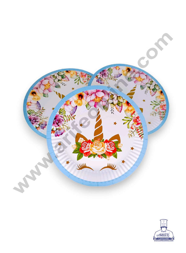 CAKE DECOR™ 9 inch Blue Border Unicorn Floral Theme Paper Plates | Disposable Plates | Birthday | Party | Occasions | Round Plates - Pack of 10