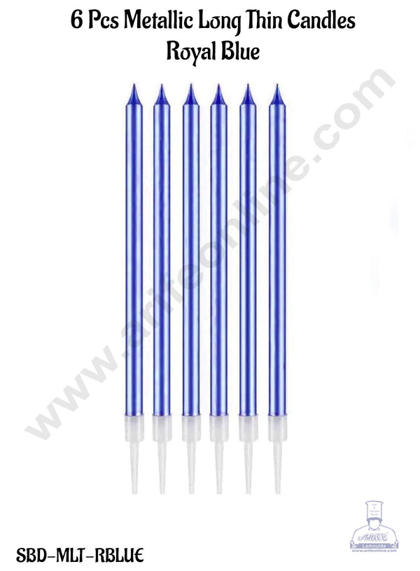 CAKE DECOR™ 6 Pcs Royal Blue Metallic Long Thin Candle for Cake and Cupcake Decorations